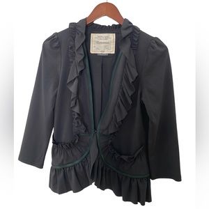 Anthro Cartonnier Black Ruffle Blazer Jacket with Green Piping Detail Size S